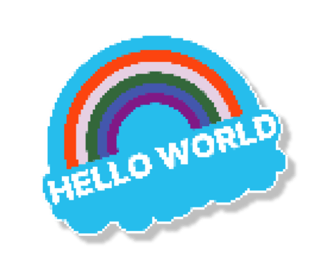 Hello world sticker in het blauw van De Computerjongens