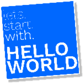 Blauwe let's start with hello world sticker van De Computerjongens